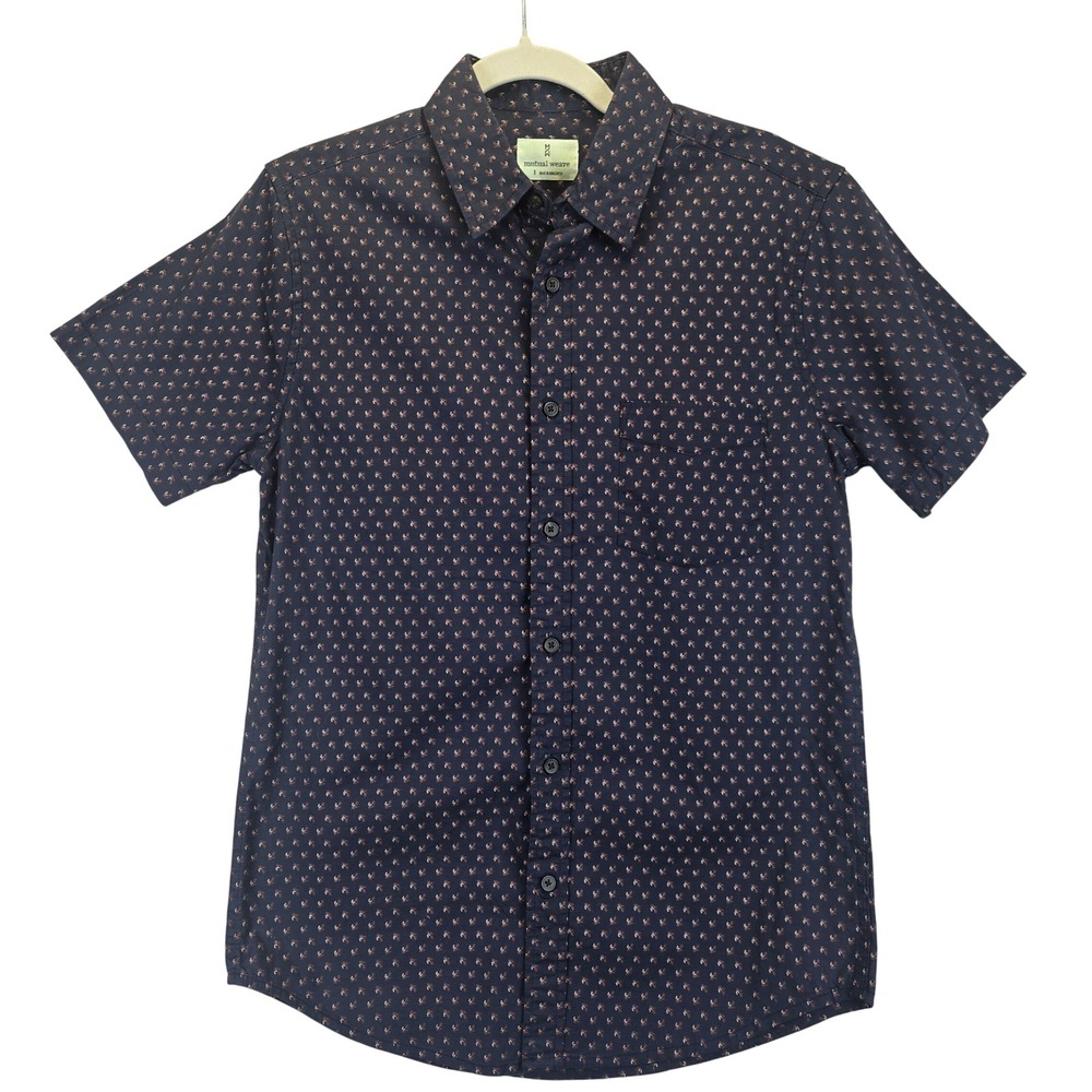 Mutual‎ Weave Mens Short Sleeve Button Up Shirt Navy Micro Print Small Preppy